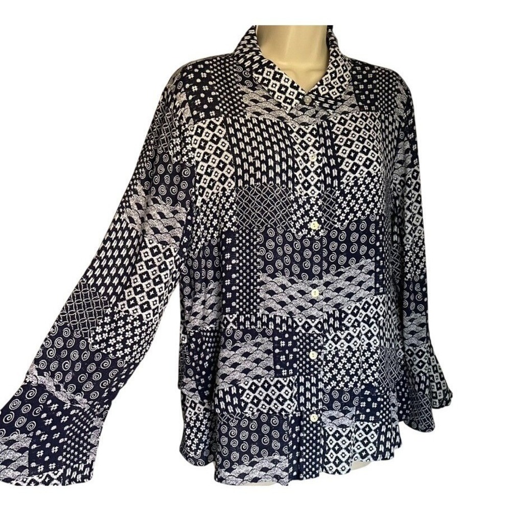 Habitat Patchwork Blouse Size L Blue White Button Front Relaxed Artsy - Picture 5 of 10